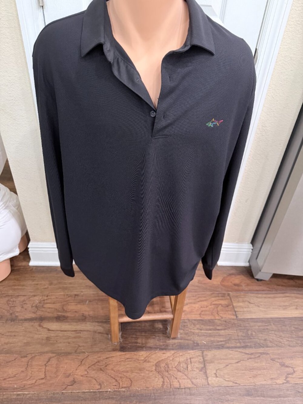 Greg Norman Play Dry Black Long Sleeve Golf Polo Shirt XL Performance Shark Logo